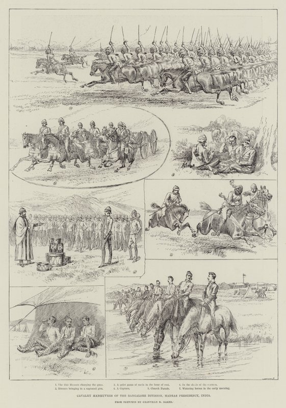 Manœuvres de cavalerie de la division de Bangalore, présidence de Madras, Inde (gravure) - English School