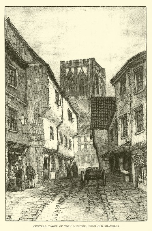 Tour Centrale de la Cathédrale de York, depuis Old Shambles - English School