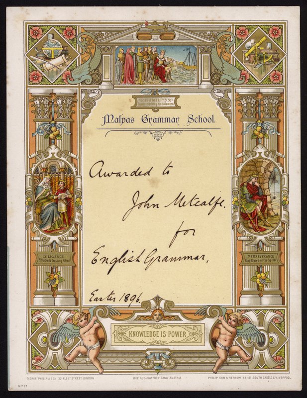 Certificat de grammaire anglaise décerné à un élève de Malpas Grammar School, Cheshire - English School