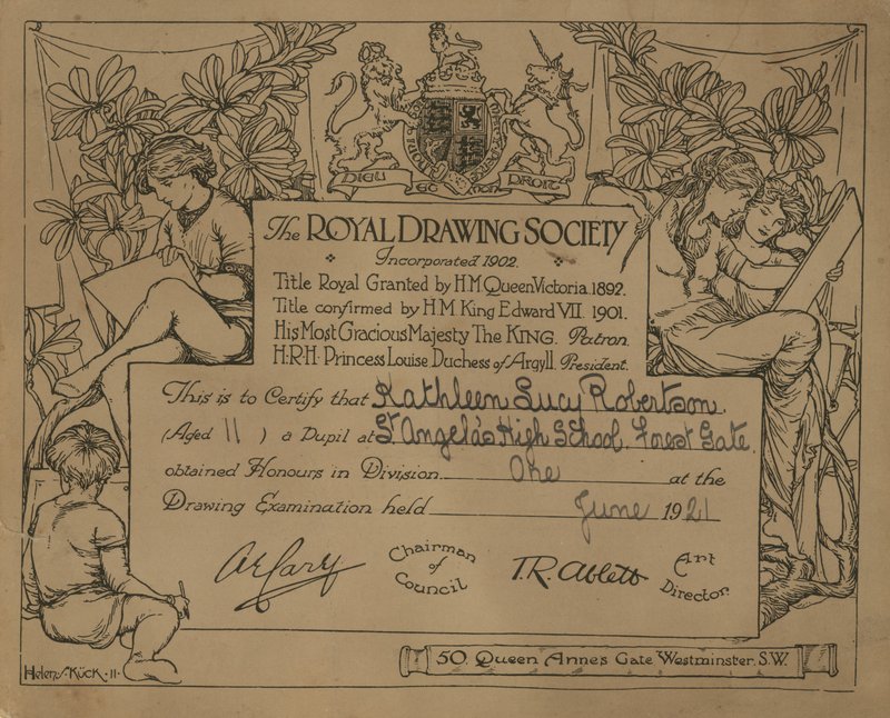Certificat donné par la Royal Drawing Society - English School