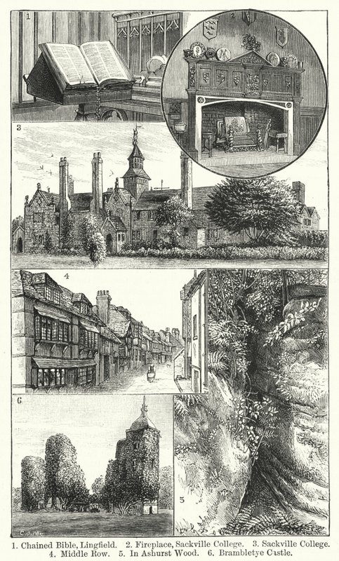 Bible enchaînée, Lingfield ; Cheminée, Sackville College ; Sackville College ; Middle Row ; À Ashurst Wood ; Château de Brambletye - English School