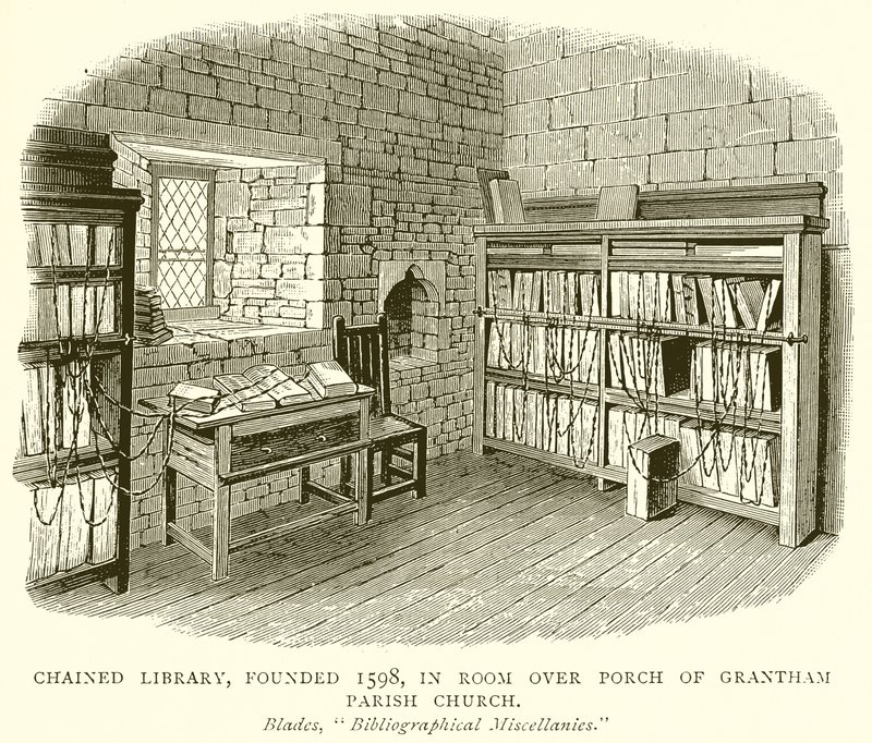 Bibliothèque enchaînée, fondée en 1598, dans la salle au-dessus du porche de l