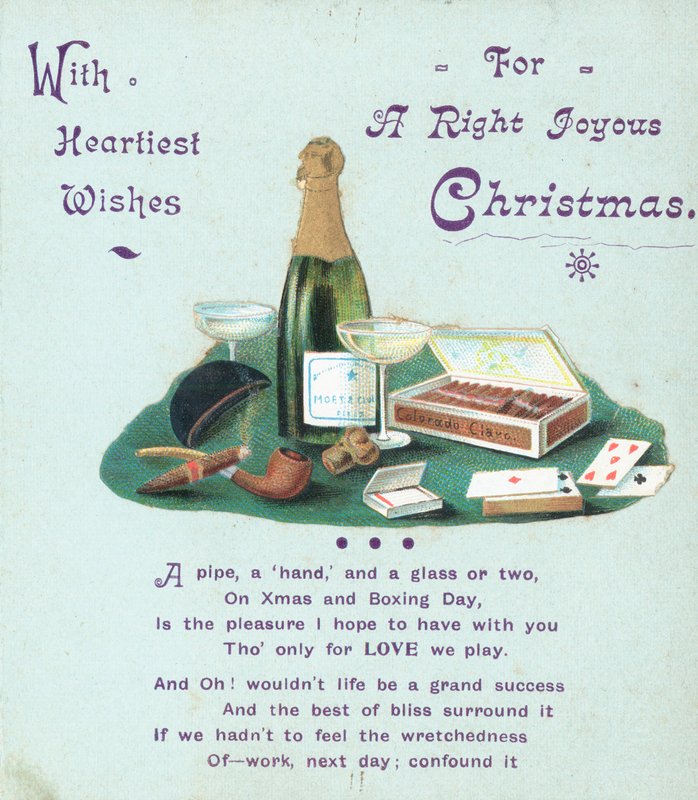 Champagne, cigares et cartes à jouer, carte de Noël - English School