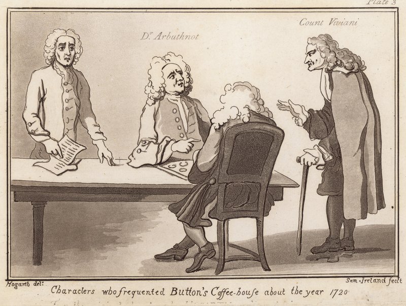 Personnages fréquentant Buttons Coffee House vers 1720 : Dr Arbuthnot, Comte Viviani - English School