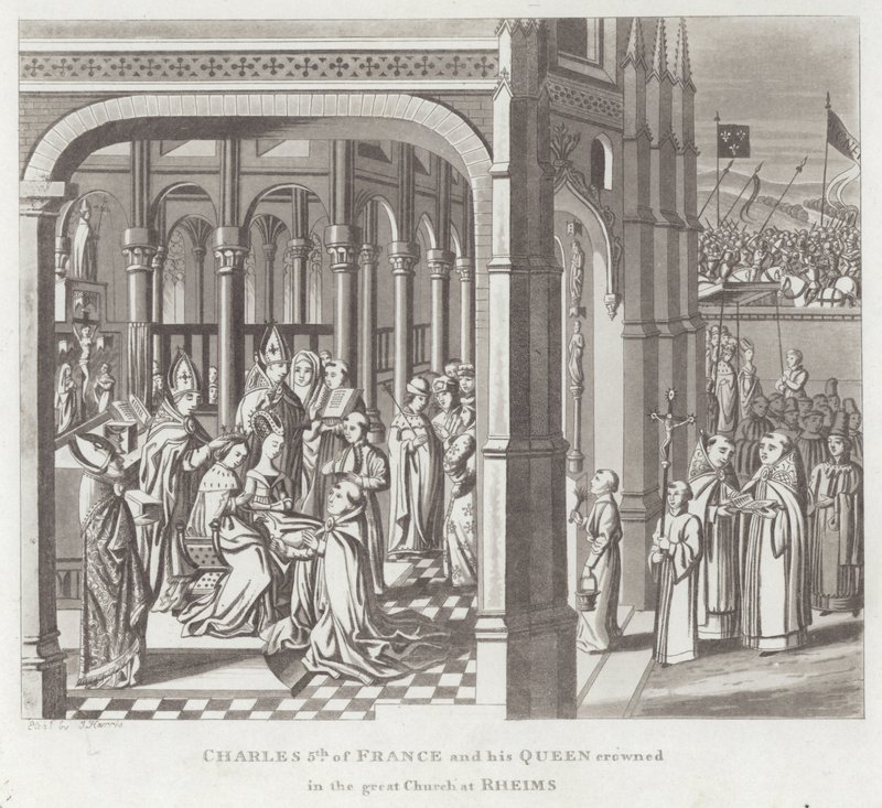 Charles V de France et sa reine couronnés dans la grande église de Reims - English School