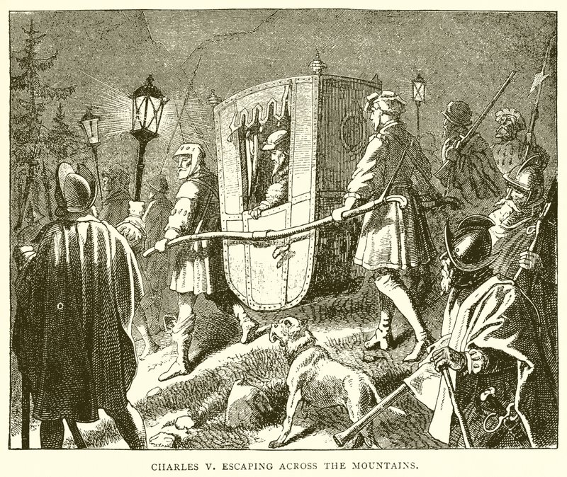 Charles V fuyant à travers les montagnes - English School
