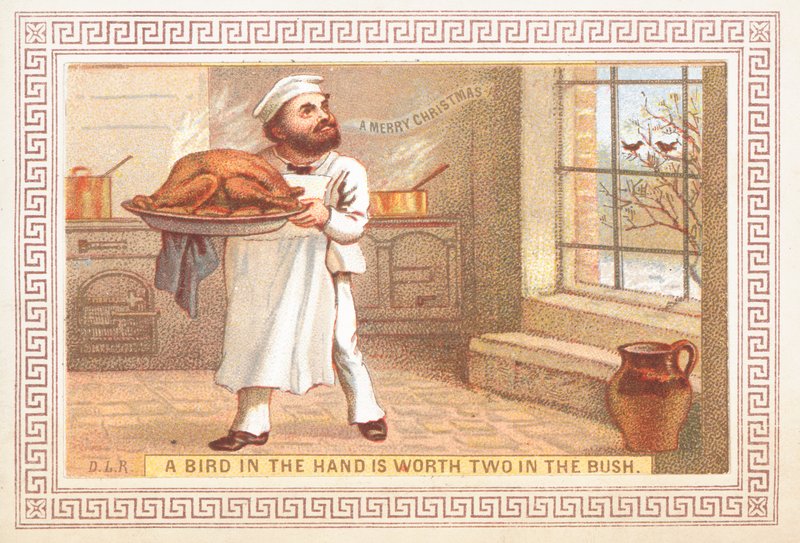 Chef tenant un plateau de dinde, Carte de Noël - English School