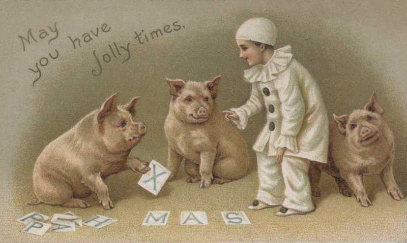 Enfant en costume de Pierrot avec trois cochons, carte de Noël - English School