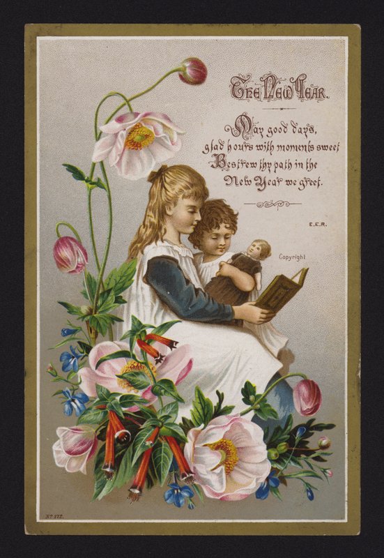 Enfants lisant un livre, carte de vœux du Nouvel An, fin du 19e ou début du 20e siècle - English School