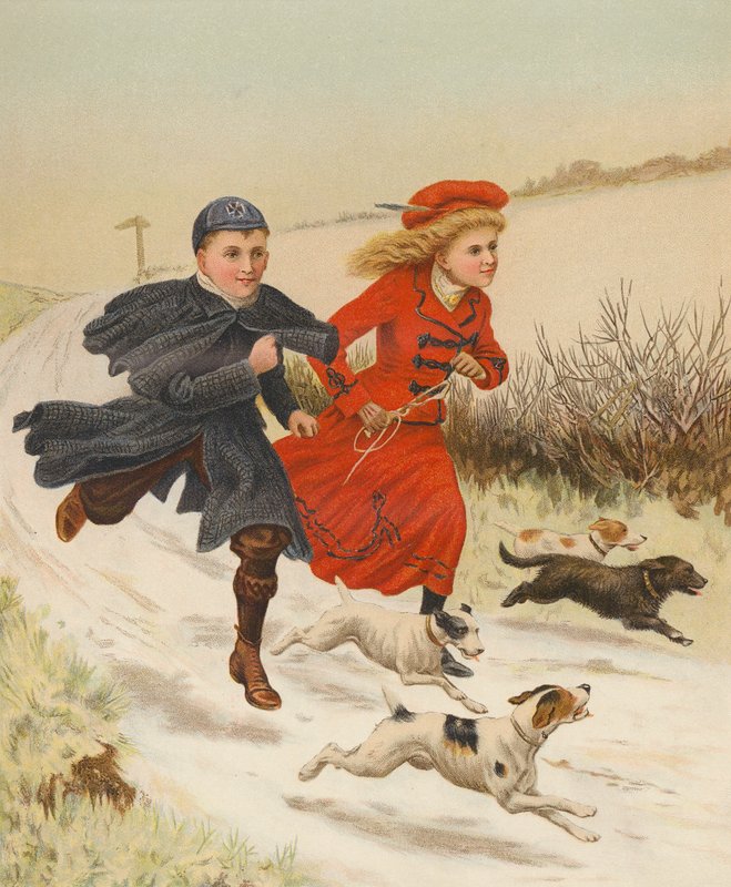 Enfants courant avec des chiens le long d