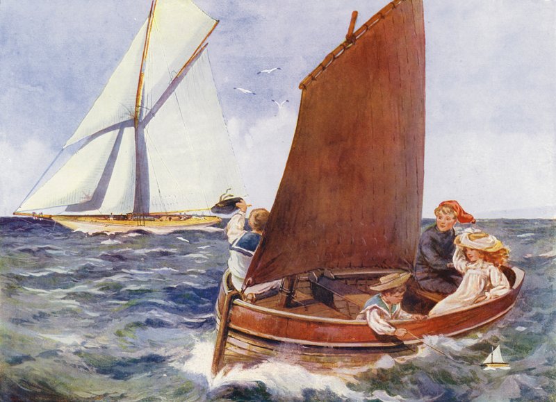 Enfants naviguant et regardant un yacht passer (lithographie en couleur) - English School