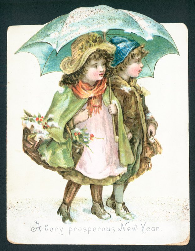 Enfants marchant dans la neige sous un parapluie, carte de Nouvel An - English School
