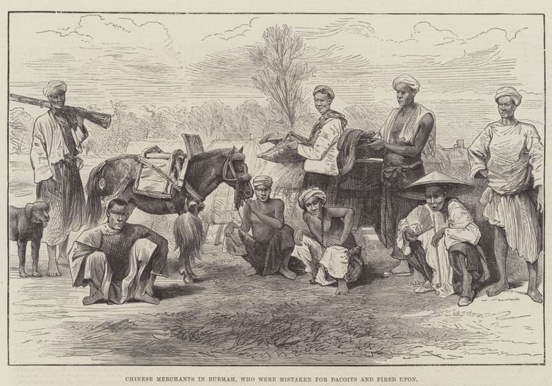 Marchands chinois en Birmanie, pris pour des dacoïts et tirés dessus (gravure) - English School