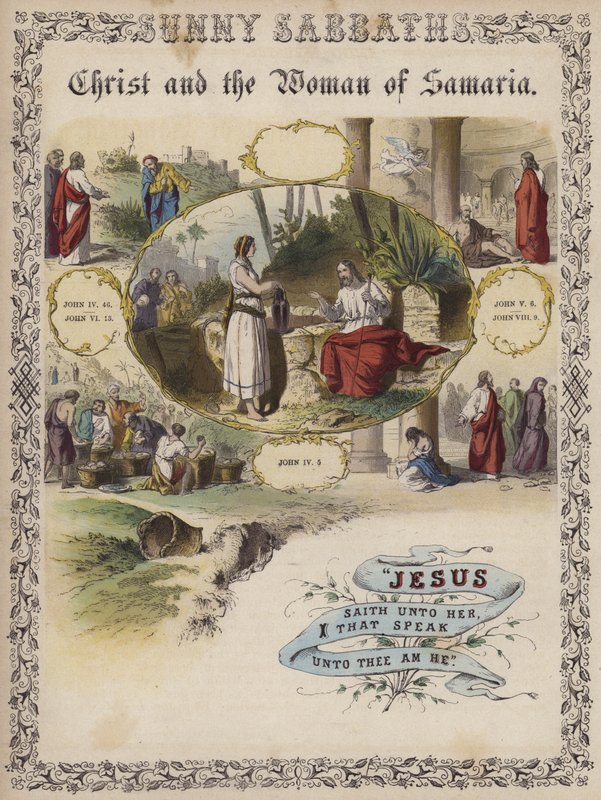 Le Christ et la femme de Samarie (gravure en couleur) - English School