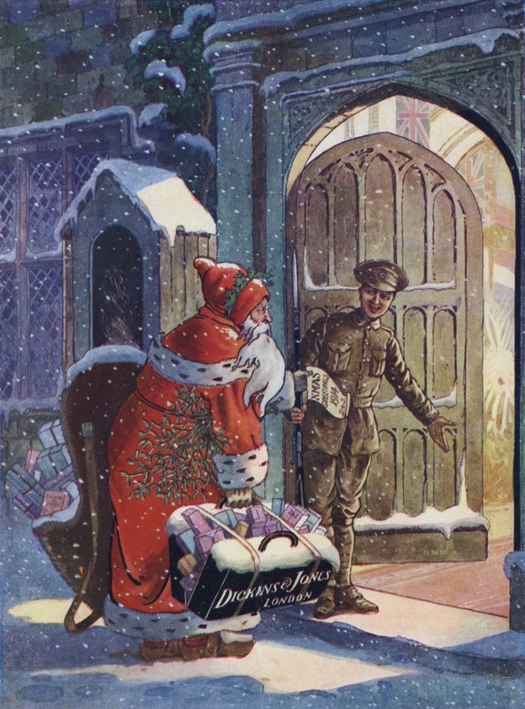 Publicité de Noël montrant le Père Noël apportant des cadeaux aux soldats de la Première Guerre mondiale du magasin Dickins et Jones - English School