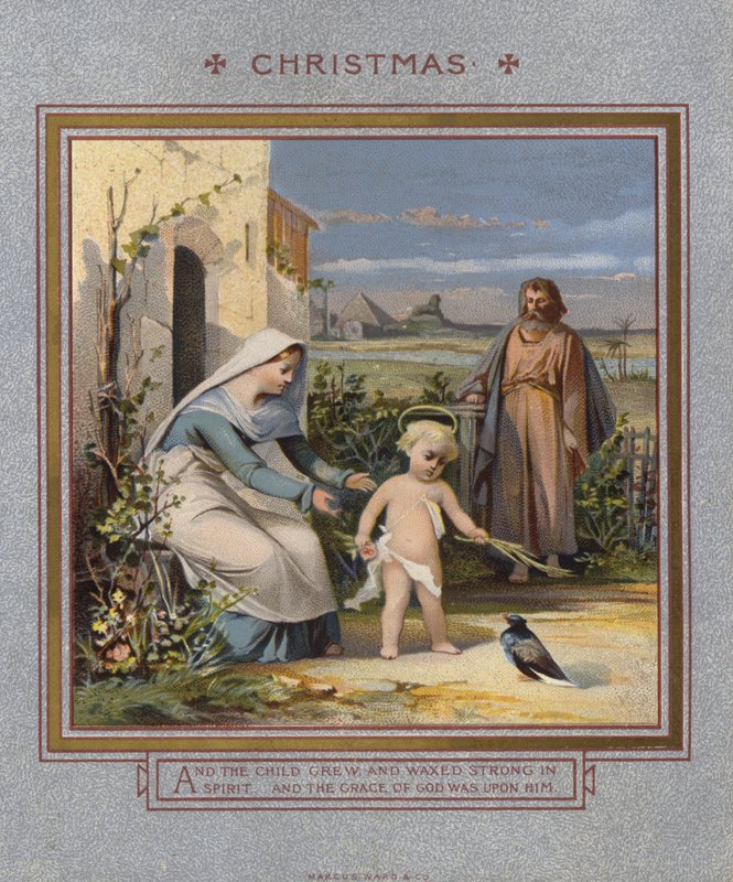 Carte de Noël : Jésus jouant avec une colombe, surveillé par ses parents - English School