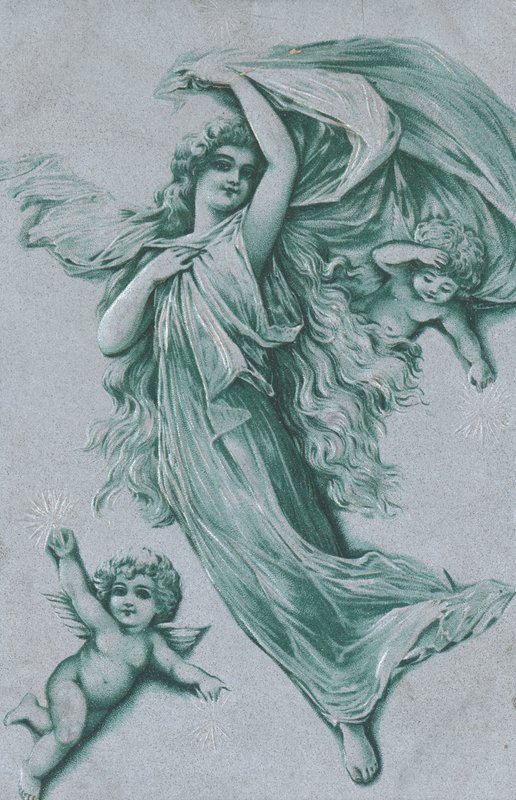 Carte de Noël avec un ange et deux chérubins - English School