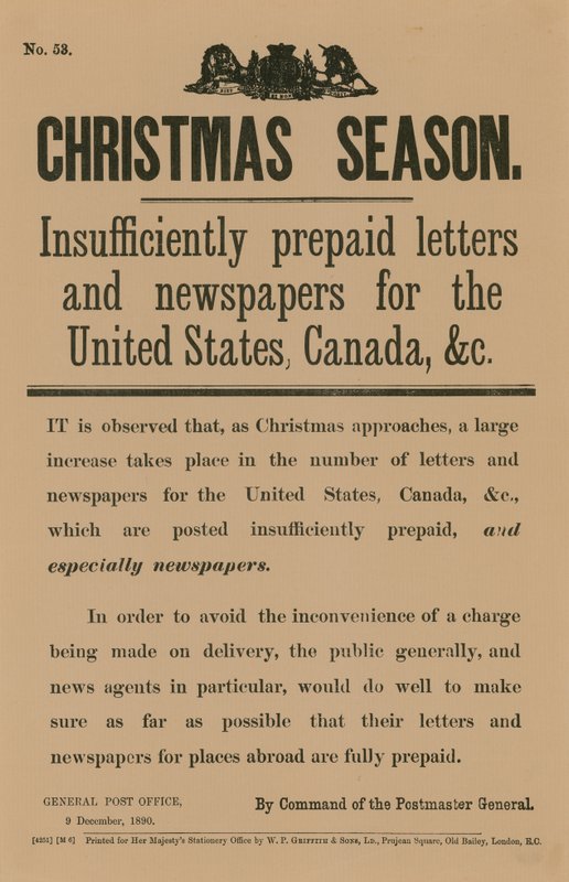 Avis de poste de Noël par ordre du Postmaster General, 9 décembre 1890 - English School