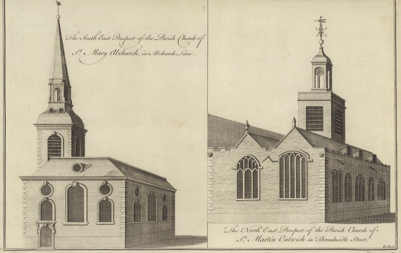Église St Mary Abchurch, Abchurch Lane et église St Martin Outwich dans Threadneedle Street, Londres - English School
