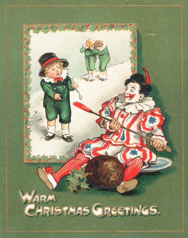 Clown volant le pudding aux prunes, Carte de Noël - English School