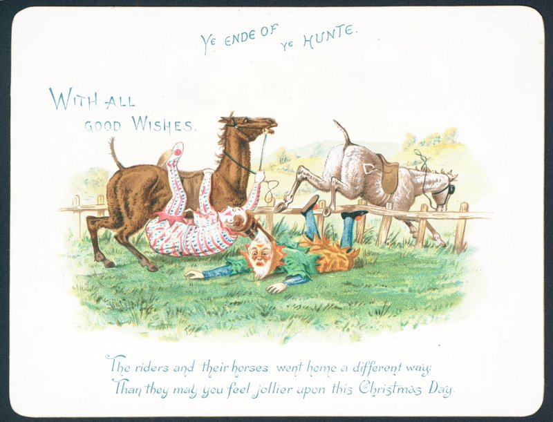 Clowns tombant de leurs chevaux en chassant, carte de Noël - English School