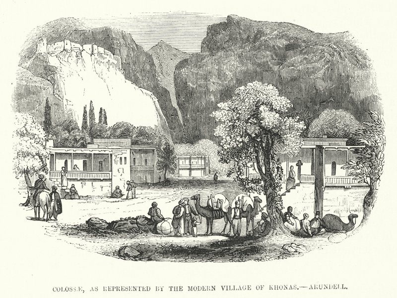 Colosses, représenté par le village moderne de Khonas, Arundell (gravure) - English School
