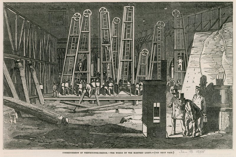 Commencement du pont de Westminster, les travaux à la lumière électrique - English School
