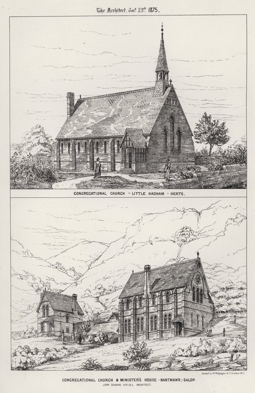 Église congrégationaliste, Little Hadham, Herts ; Église congrégationaliste et maison du ministre, Nantmawr, Salop (gravure) - English School