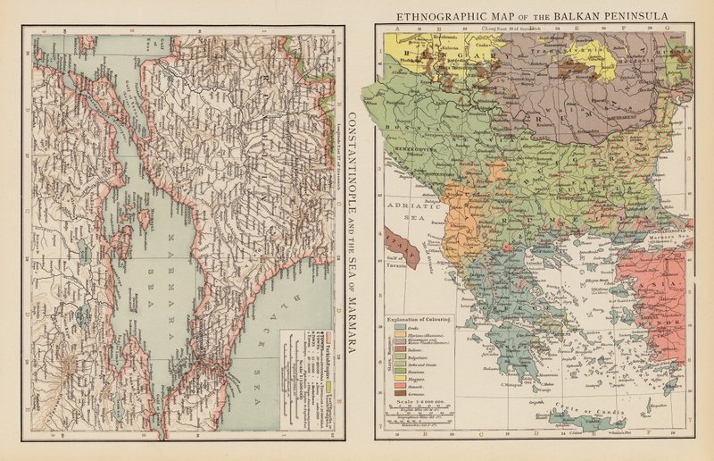 Constantinople et la mer de Marmara ; Carte ethnographique de la péninsule balkanique - English School
