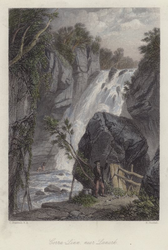 Corra Linn, près de Lanark, Écosse (gravure en couleur) - English School