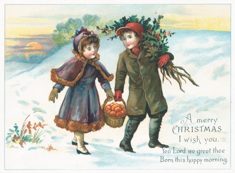 Couple portant un panier de fruits et de houx, carte de Noël - English School