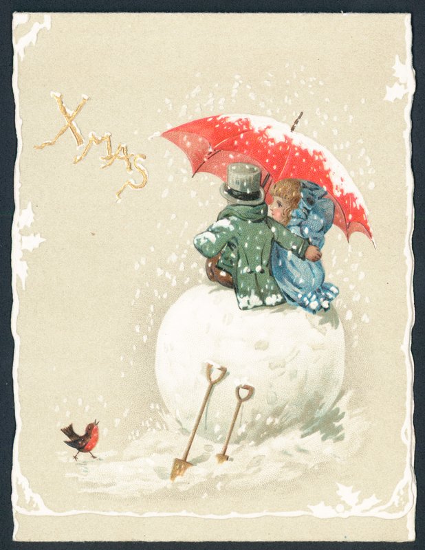 Couple assis sur une boule de neige géante, Carte de Noël - English School