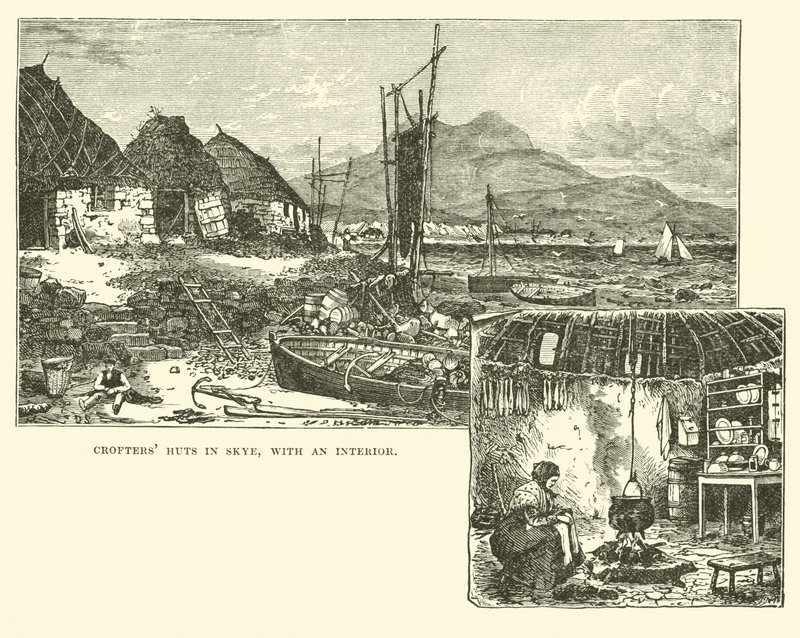 Cabanes de crofters à Skye, avec un intérieur - English School
