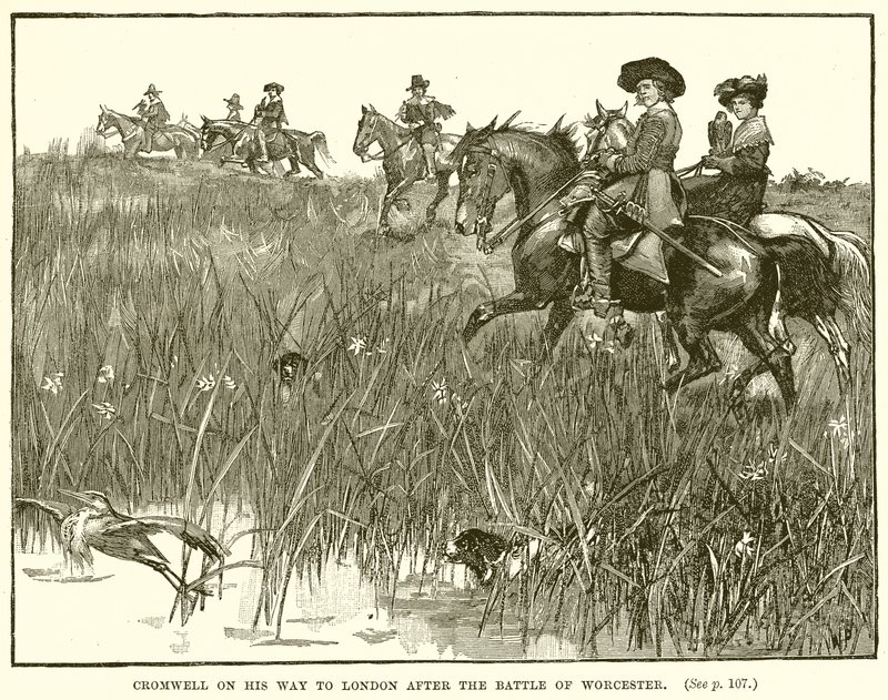 Cromwell en route pour Londres après la bataille de Worcester - English School