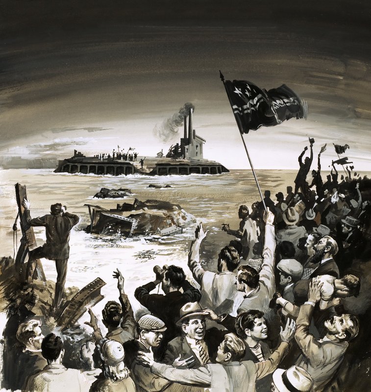 La foule applaudit et agite des drapeaux au bord de l