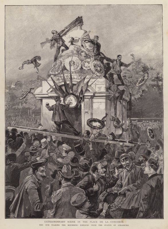 Foules arrachant les emblèmes de deuil de la statue de Strasbourg sur la Place de la Concorde, Paris - English School