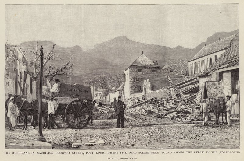 Dégâts sur Rempart Street, Port Louis, causés par le cyclone de Maurice de 1892 - English School