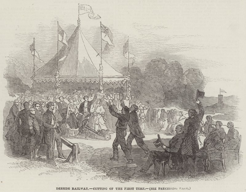 Chemin de fer de Deeside, coupe du premier gazon (gravure) - English School
