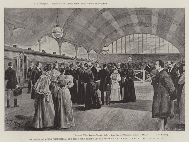 Départ de la reine Wilhelmina et de la reine régente des Pays-Bas, scène à la gare Victoria le 9 mai (lithographie) - English School