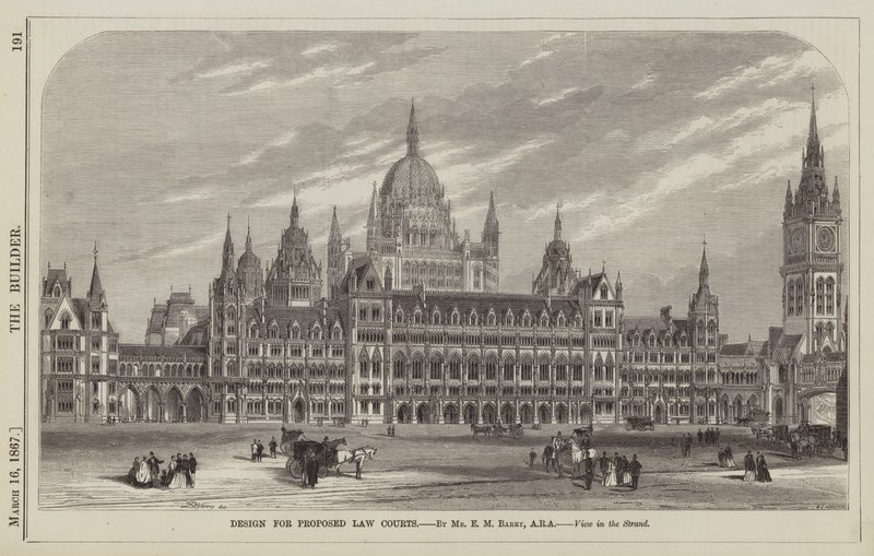 Conception pour les Tribunaux de Justice proposés, par M. E M Barry, ARA, Vue sur le Strand (gravure) - English School
