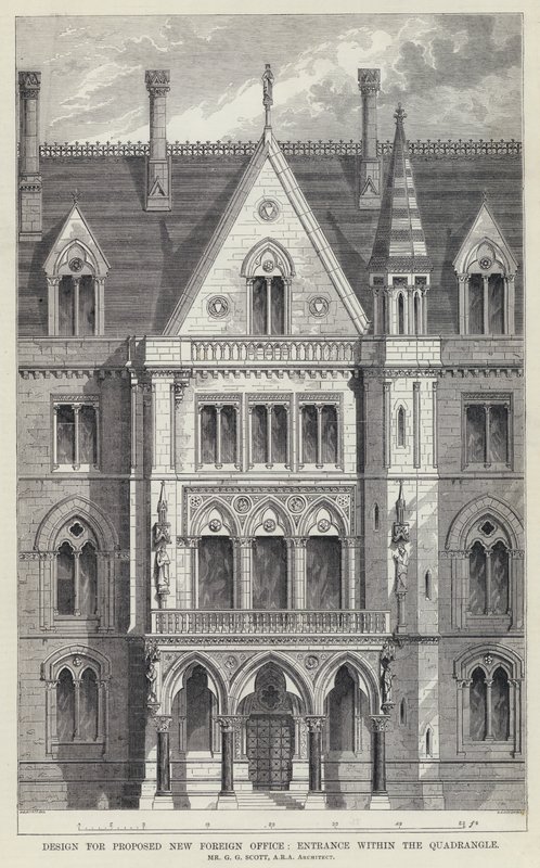Conception pour le nouveau ministère des Affaires étrangères proposé, entrée dans la cour (gravure) - English School
