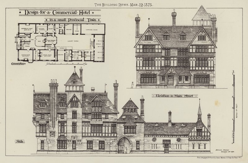 Conception pour un hôtel commercial, dans une petite ville provinciale (gravure) - English School