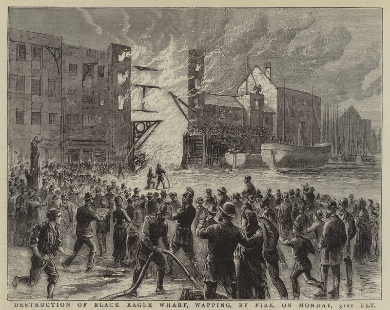 Destruction du Black Eagle Wharf, Wapping, par un incendie, le lundi 31 octobre (gravure) - English School