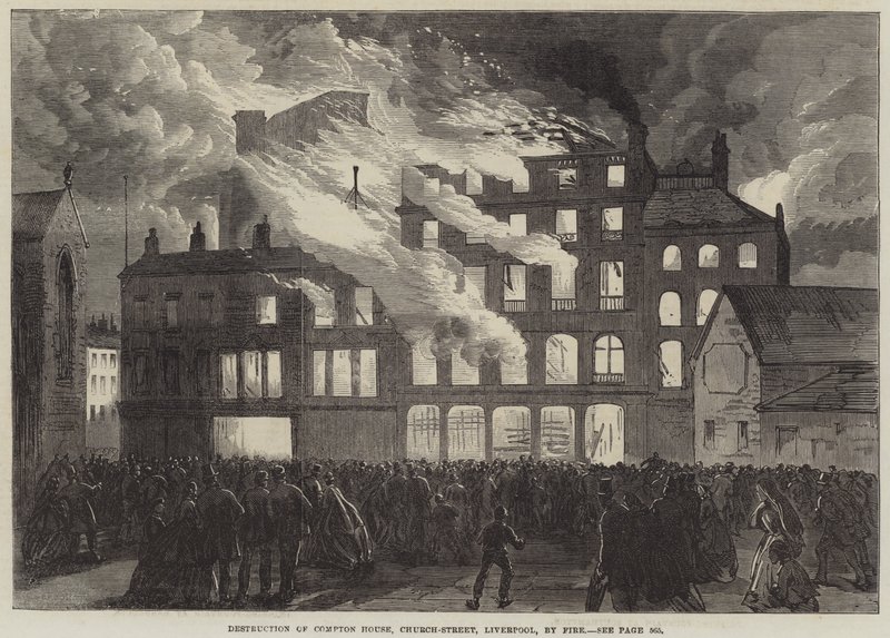 Destruction de Compton House, Church-Street, Liverpool, par le feu (gravure) - English School
