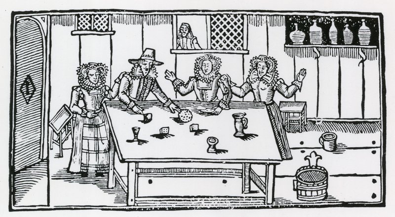 Jeu de dés. Femmes dans une taverne encourageant un jeune homme à perdre son argent - English School