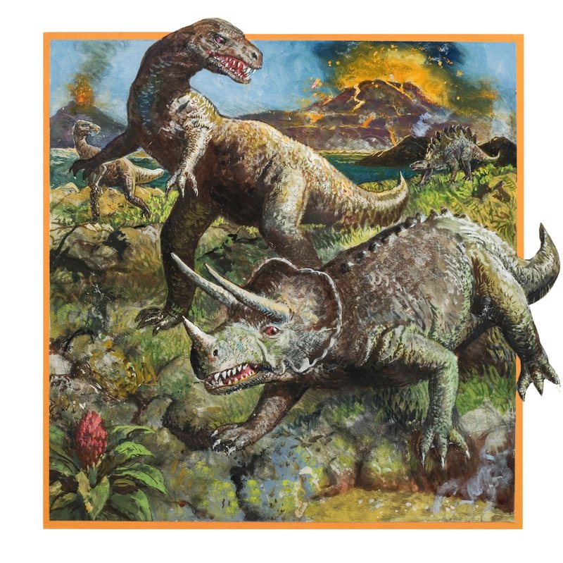 Dinosaures avec volcan (gouache sur papier) - English School
