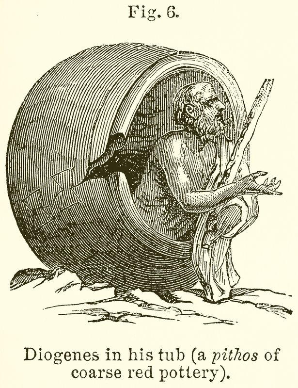 Diogène dans son tonneau (un pithos en poterie rouge grossière) - English School