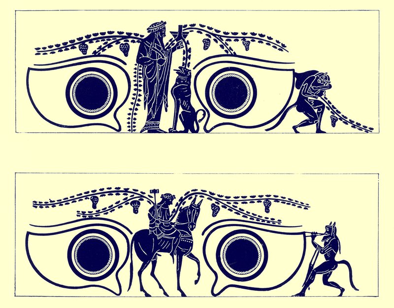 Dionysos, Héphaïstos et satyres, illustration des Peintures de vases grecs par J. E. Harrison et D. S. MacColl, publié en 1894 - English School