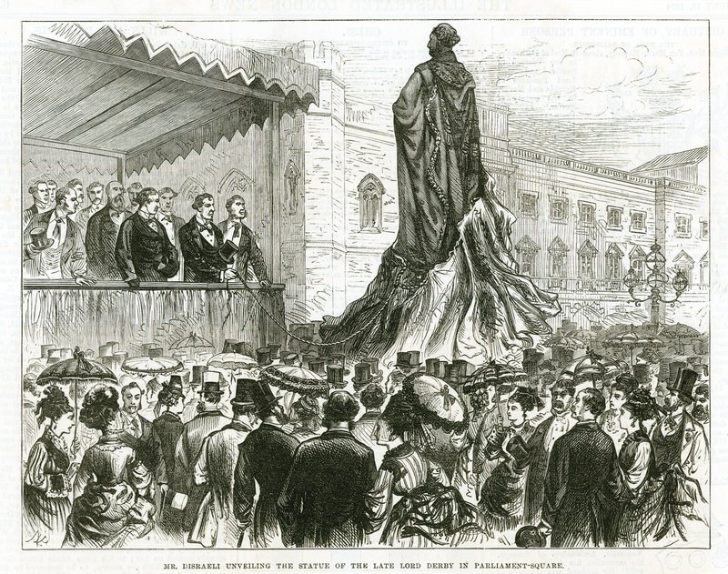 Disraeli dévoilant la statue du défunt Lord Derby à Parliament Square, Westminster - English School