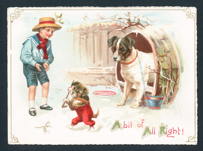 Chien, chiot et garçon jouant dans la neige, Carte de Noël - English School